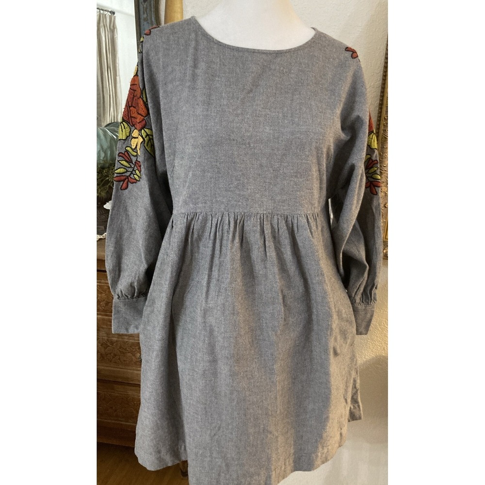 Cousin Earl SM Dolman Sleeve Floral Embroidery Short Tunic Dress Gray Ivy Jane